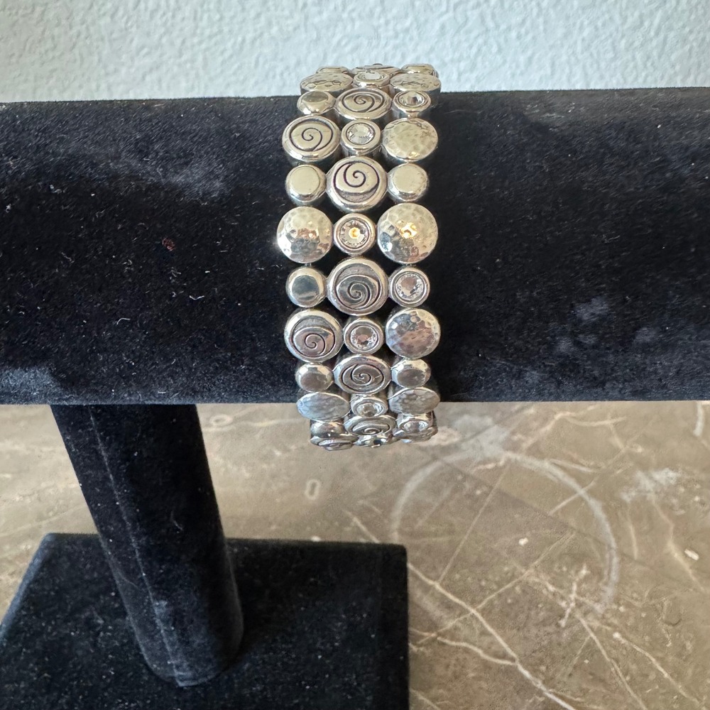 Brighton Silver Tone Hammered Swirl Crystal Wide Stretch Bracelet Statement